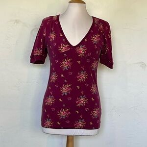 Free People Burgundy Floral Bubble Sleeve Open-back Cotten Blend Shirt Sz L/G